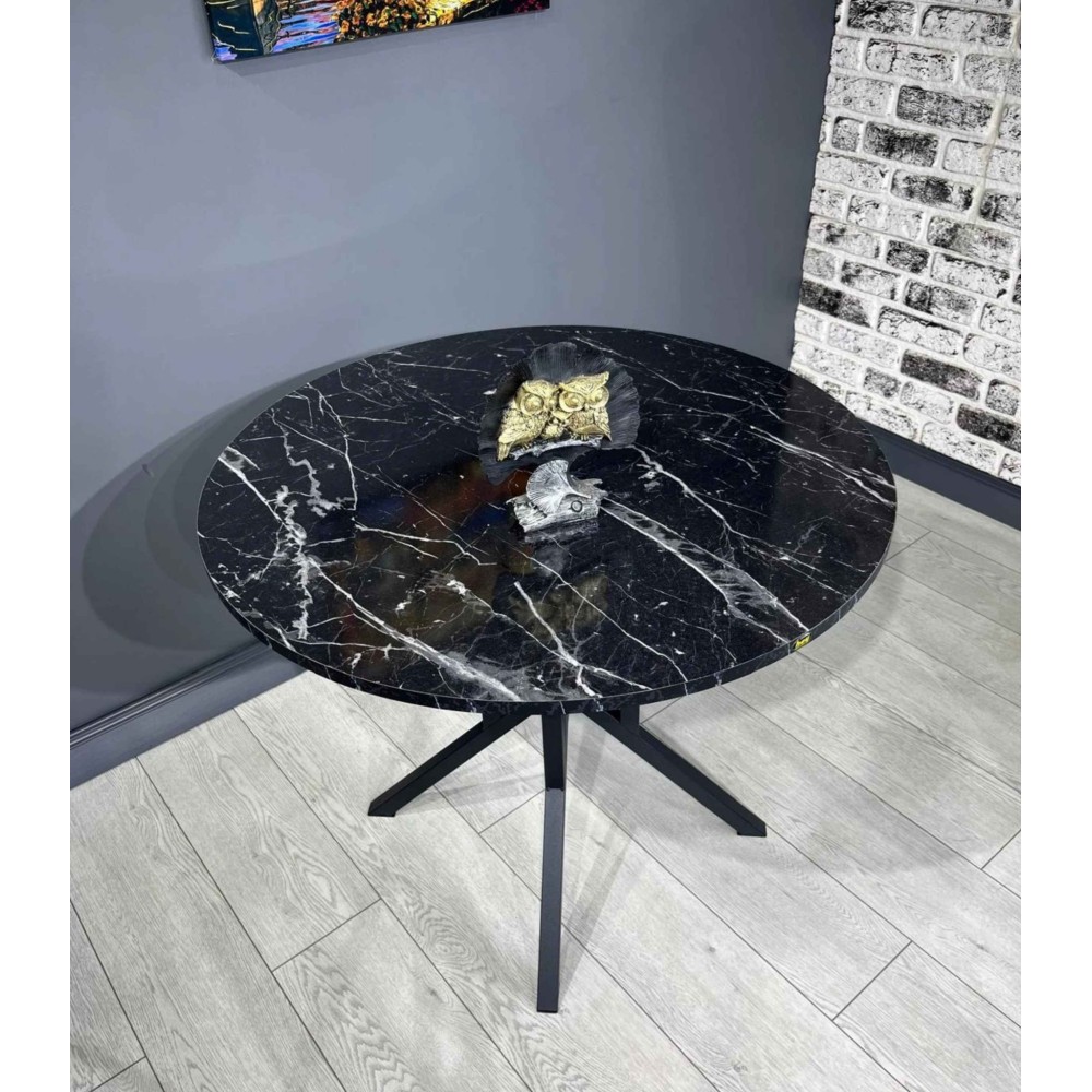 Stewehome Στρογγυλό Τραπέζι Κουζίνας με Μαύρα Μεταλλικά Πόδια - ΜΑΡΜΑΡΟ ΜΕ ΜΑΥΡΟ ΣΧΕΔΙΟ (90x90x73cm)