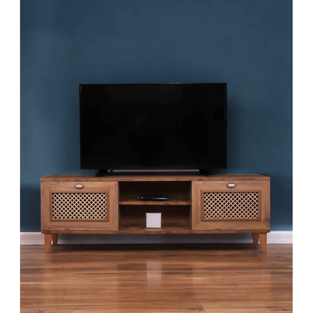 Stewehome Ρουστίκ Μονάδα Τηλεόρασης από Φυσικό Ξύλο με Πόρτες από Ψάθα