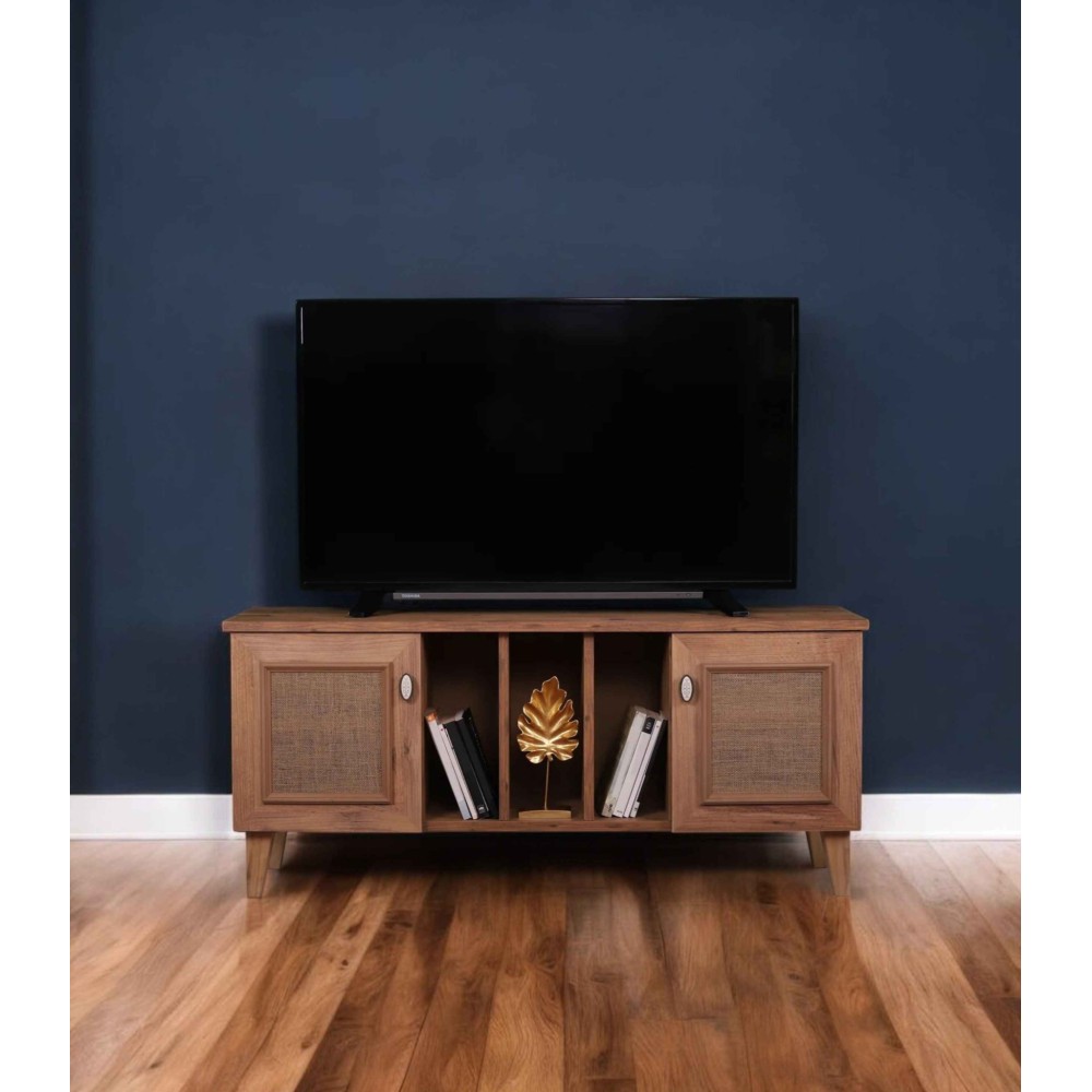 Stewehome Ρουστίκ Μονάδα Τηλεόρασης από Φυσικό Ξύλο με Πόρτες από Ψάθα