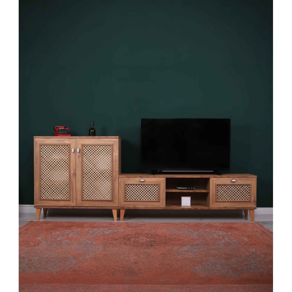 Stewehome Ρουστίκ Ξύλινη Μονάδα Τηλεόρασης με Πόρτες από Ψάθα και Αποθηκευτικό Χώρο 145x35x48cm