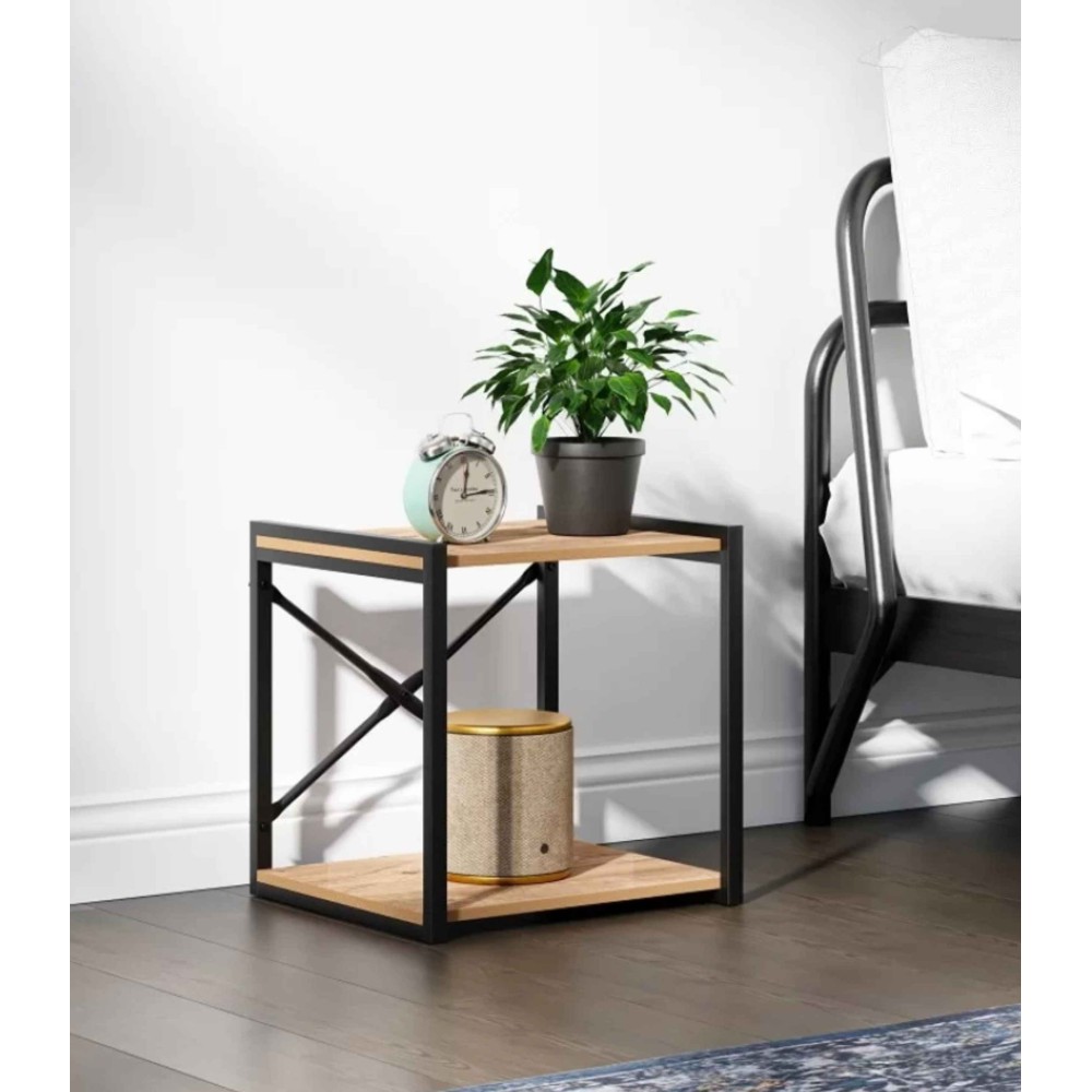 Μοντέρνο Τετράγωνο Τραπέζι Σαλονιού με Μεταλλικό Πλαίσιο &amp; Ράφια δρυς- (Βιομηχανικό Κομοδίνο με Μεταλλικό Σκελετό &amp; Ανοιχτά Ράφια)