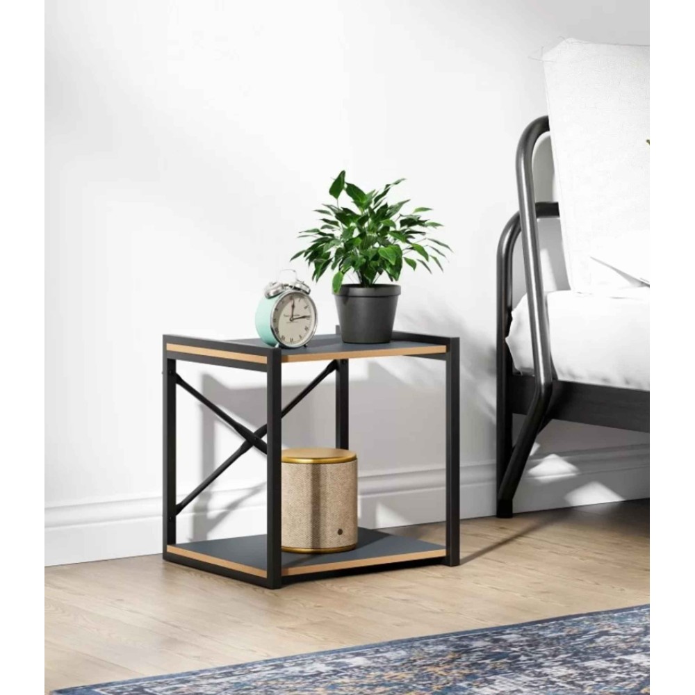 Μοντέρνο Τετράγωνο Τραπέζι Σαλονιού με Μεταλλικό Πλαίσιο &amp; Ράφια ανθρακί - (Βιομηχανικό Κομοδίνο με Μεταλλικό Σκελετό &amp; Ανοιχτά Ράφια)