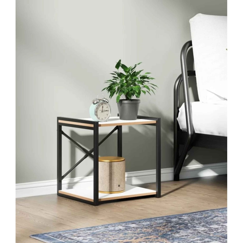 Μοντέρνο Τετράγωνο Τραπέζι Σαλονιού με Μεταλλικό Πλαίσιο &amp; Ράφια λευκό- (Βιομηχανικό Κομοδίνο με Μεταλλικό Σκελετό &amp; Ανοιχτά Ράφια)