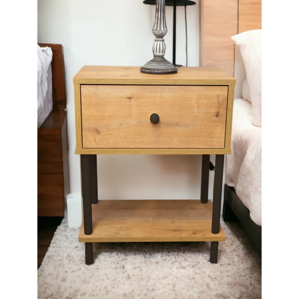 Κομοδίνο Υπνοδωματίου Μοντέρνου Σχεδιασμού με Συρτάρι &amp; Ράφι - Μαύρο &amp; Δρυς50x32x64.4cm