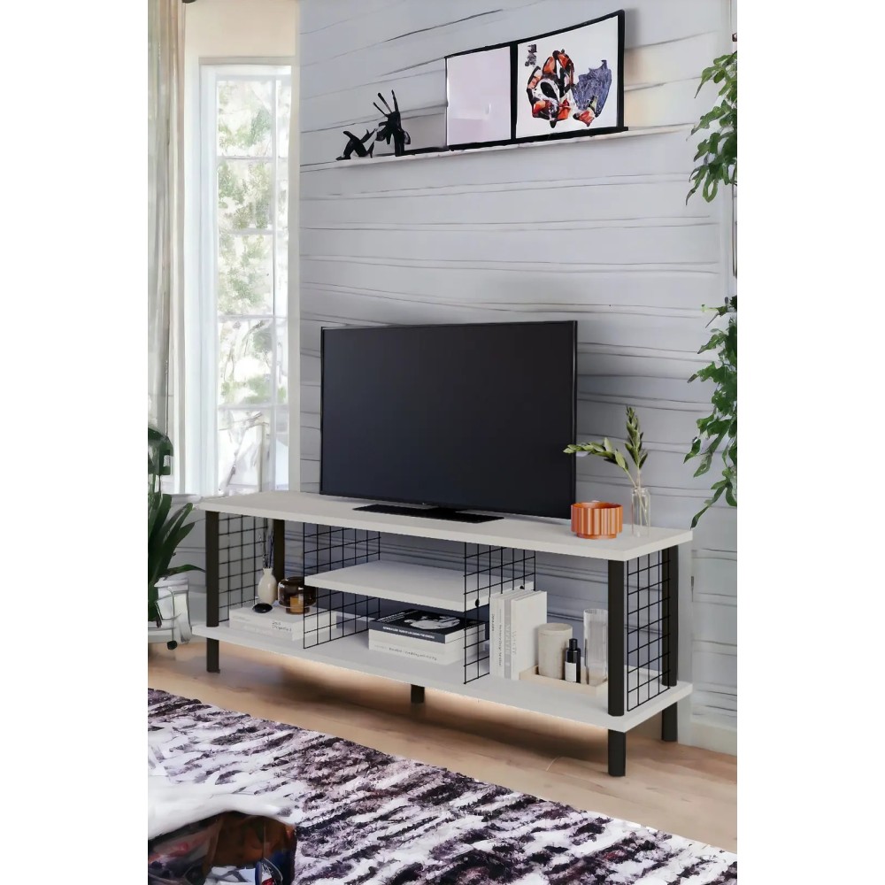 Stewehome Μοντέρνο Λευκό Έπιπλο Τηλεόρασης με Ανοιχτά Ράφια-120*30*42.6cm