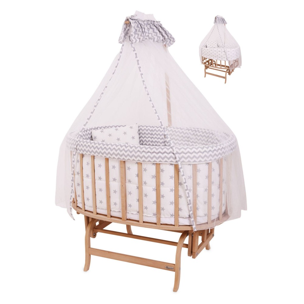 Ξύλινο Καλάθι Λίκνισμα με Σετ Ύπνου – Γκρι με Ζιγκ Ζαγκ &amp; Αστέρια