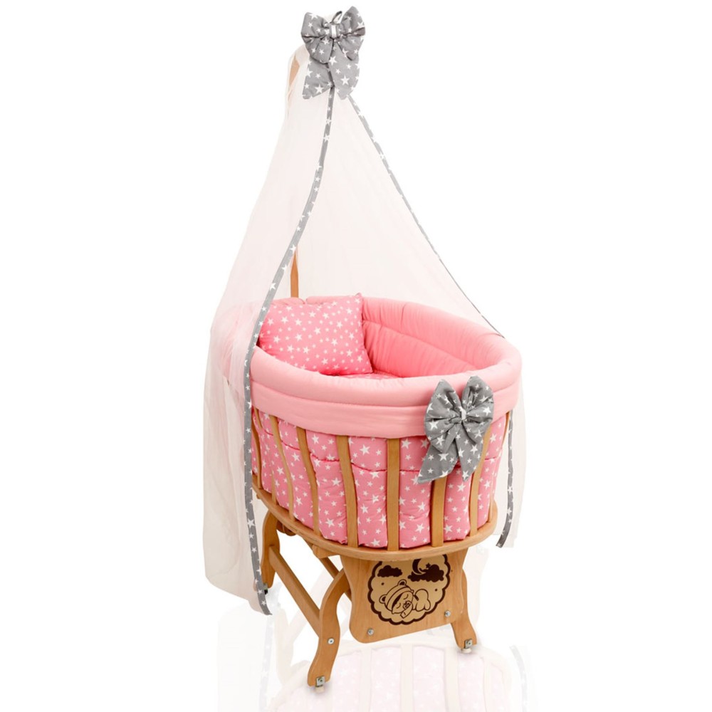 Ξύλινο καλάθι λίκνισμα με σετ ύπνου Ροζ &amp; Γκρι με Αστέρια  - 56x94x81cm