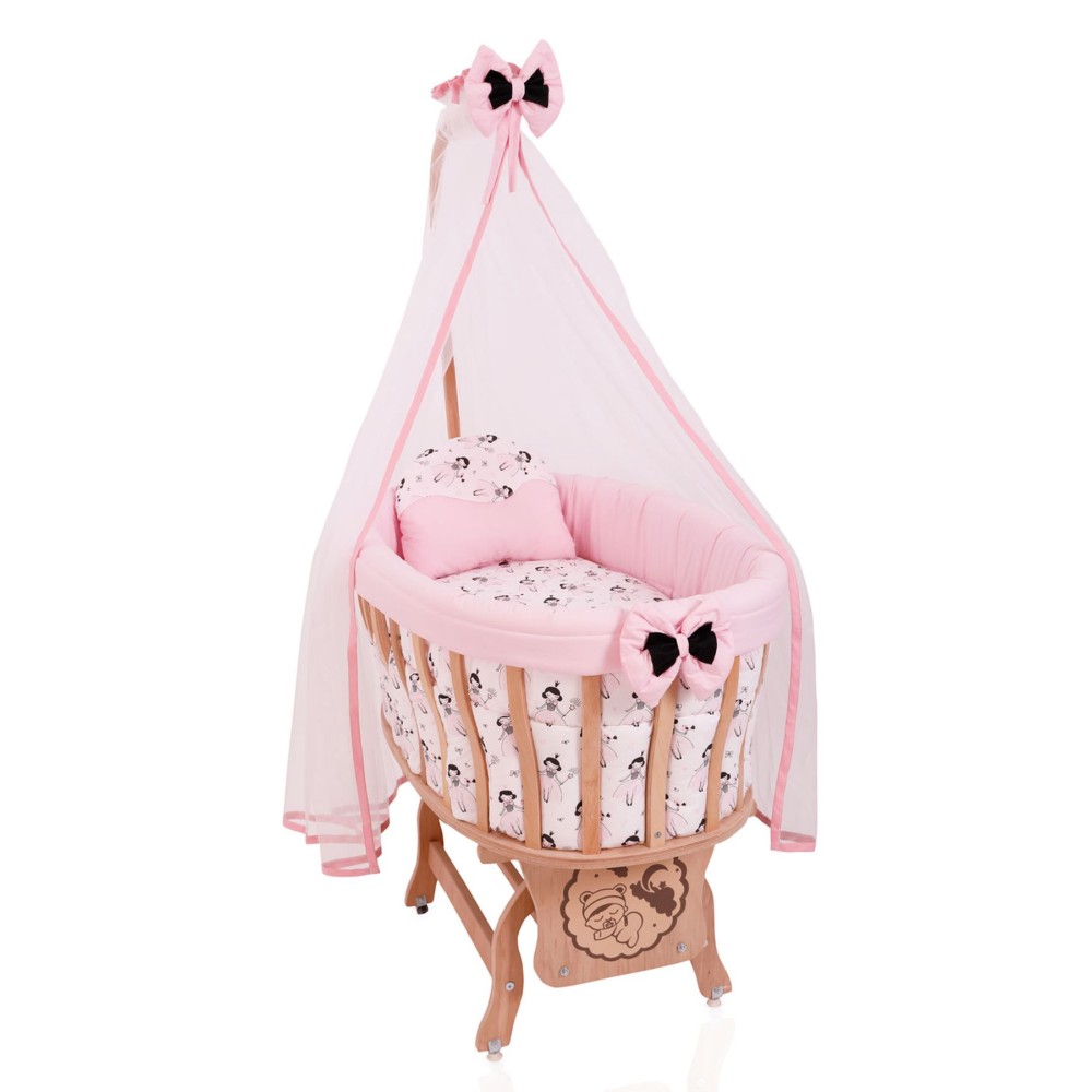 Ξύλινο καλάθι λίκνισμα με σετ ύπνου  ροζ- 56x94x81cm