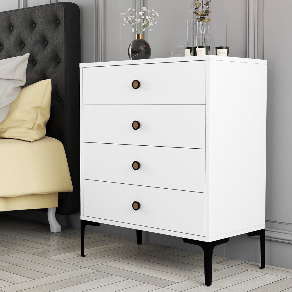 Κομοδίνο με τέσσερα συρτάρια - Λευκό / Λευκό 76x40x90cm