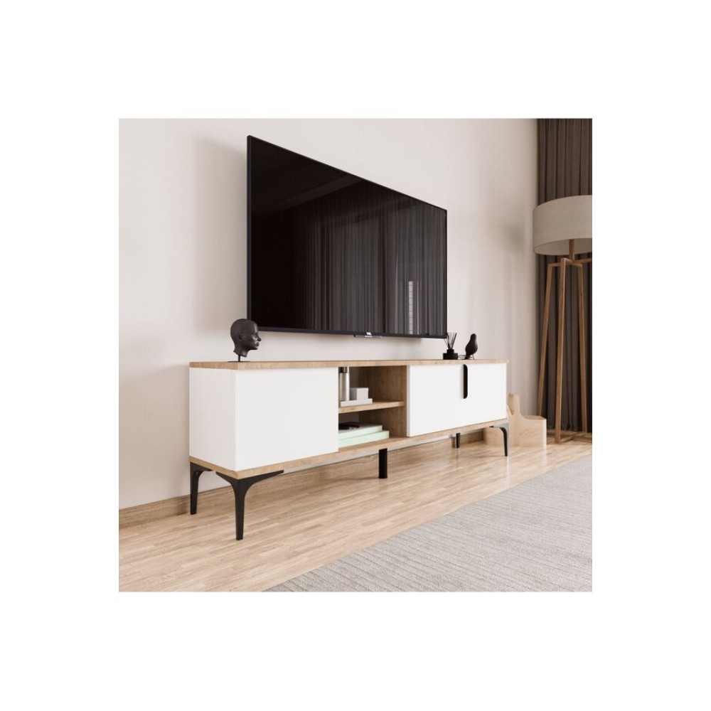 Stewehome Μοντέρνα Ράφι Τηλεόρασης με Αποθηκευτικό Χώρο – Κομψή &amp; Λειτουργική Μονάδα λευκό-180x33x49cm