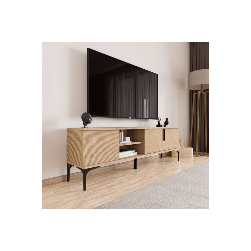 Stewehome Μοντέρνα Ράφι Τηλεόρασης με Αποθηκευτικό Χώρο – Κομψή &amp; Λειτουργική Μονάδα δρυς-180x33x49cm