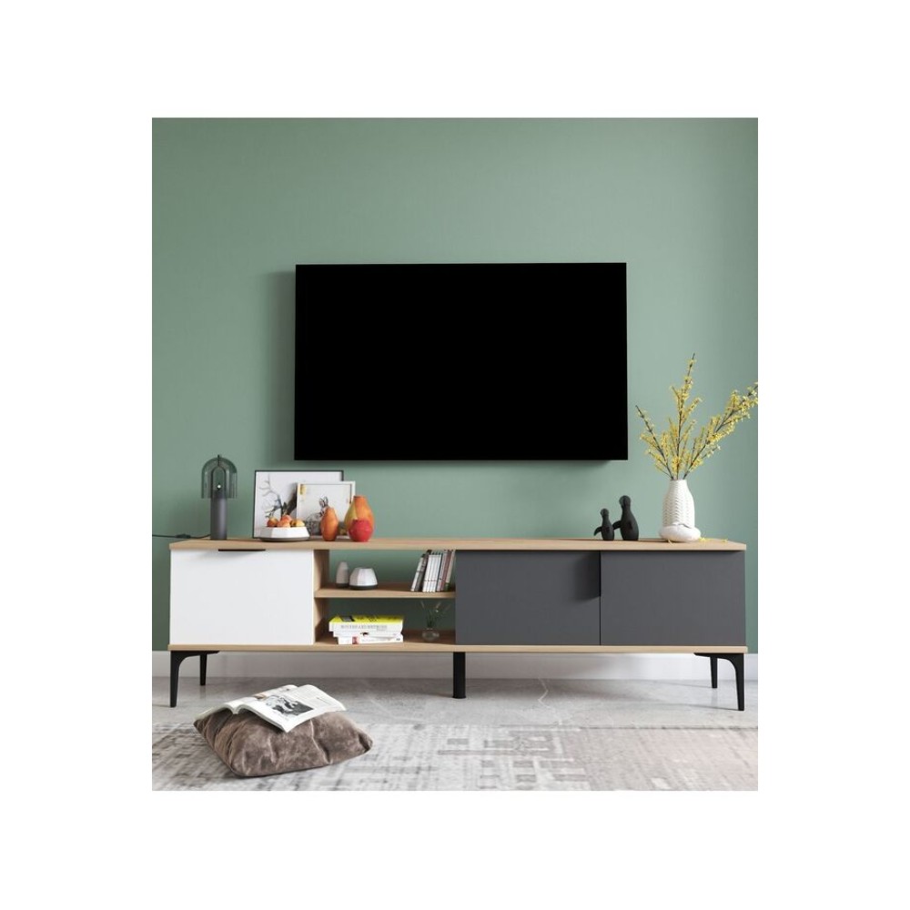 Stewehome Μοντέρνα Ράφι Τηλεόρασης με Αποθηκευτικό Χώρο – Κομψή &amp; Λειτουργική Μονάδαλευκό/ανθρακί-180x33x49cm