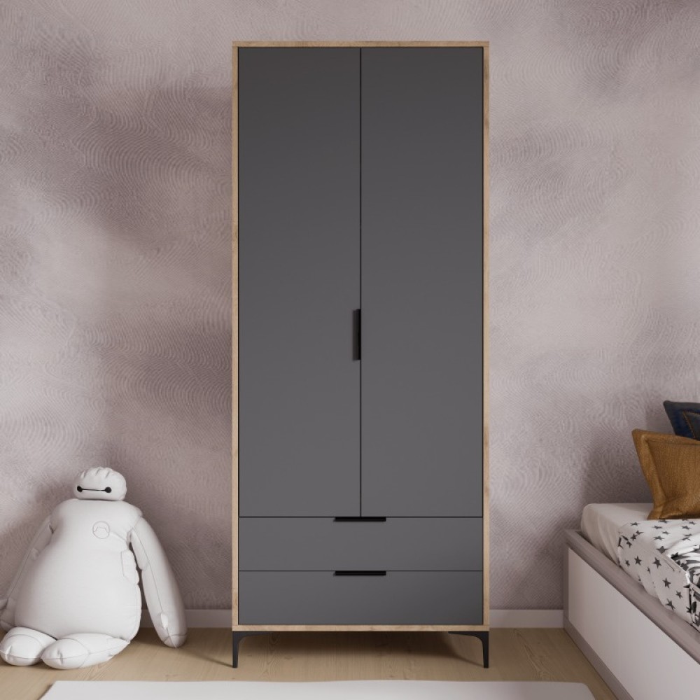 Stewehome Ντουλάπα με 2 Πόρτες και Συρτάρια για Ρούχα - Ιδανική για οργάνωση με Ράφια ανθρακί- 80x45x192cm