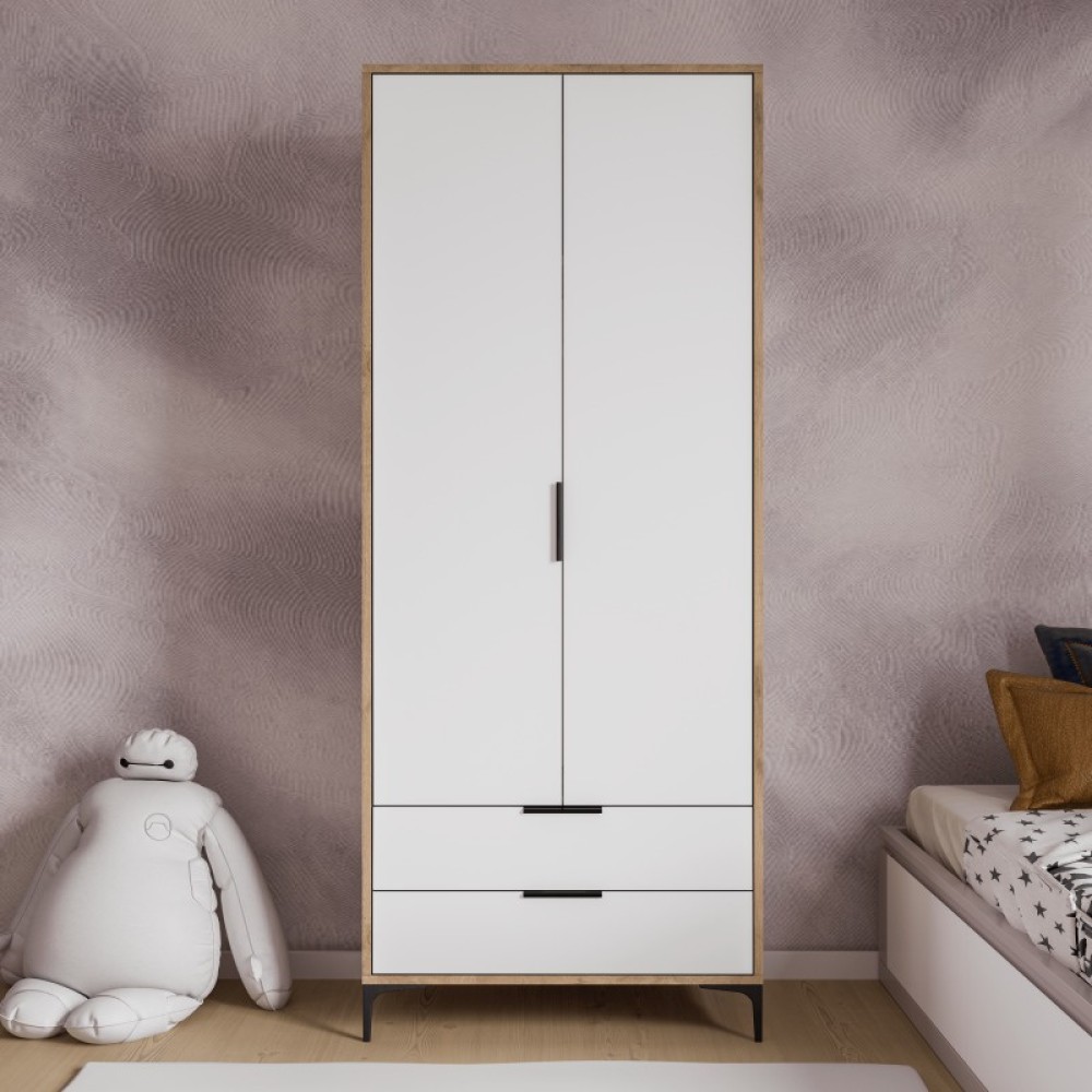 Stewehome Ντουλάπα με 2 Πόρτες και Συρτάρια για Ρούχα - Ιδανική για οργάνωση με Ράφια Λευκό- 80x45x192cm