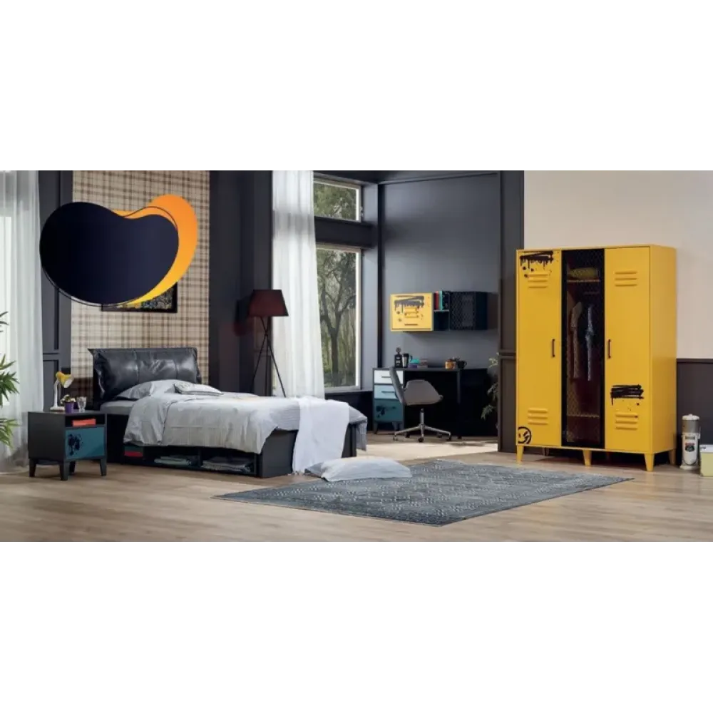 Stewehome Νεανικό δωμάτιο με κρεβάτι γραφείο και ντουλάπα 3 πόρτες κίτρινο 100x200 cm