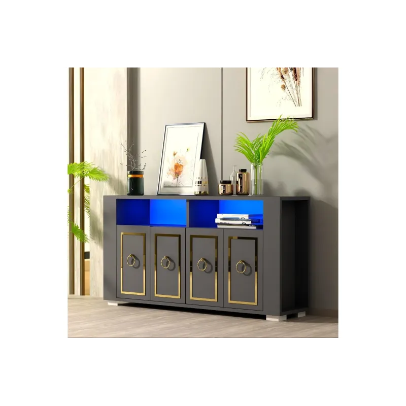 Stewehome Ανθρακί Μπουφέ Κονσόλα με LED Φωτισμό και Χρυσές Λαβές Luxora 120x30x63 cm