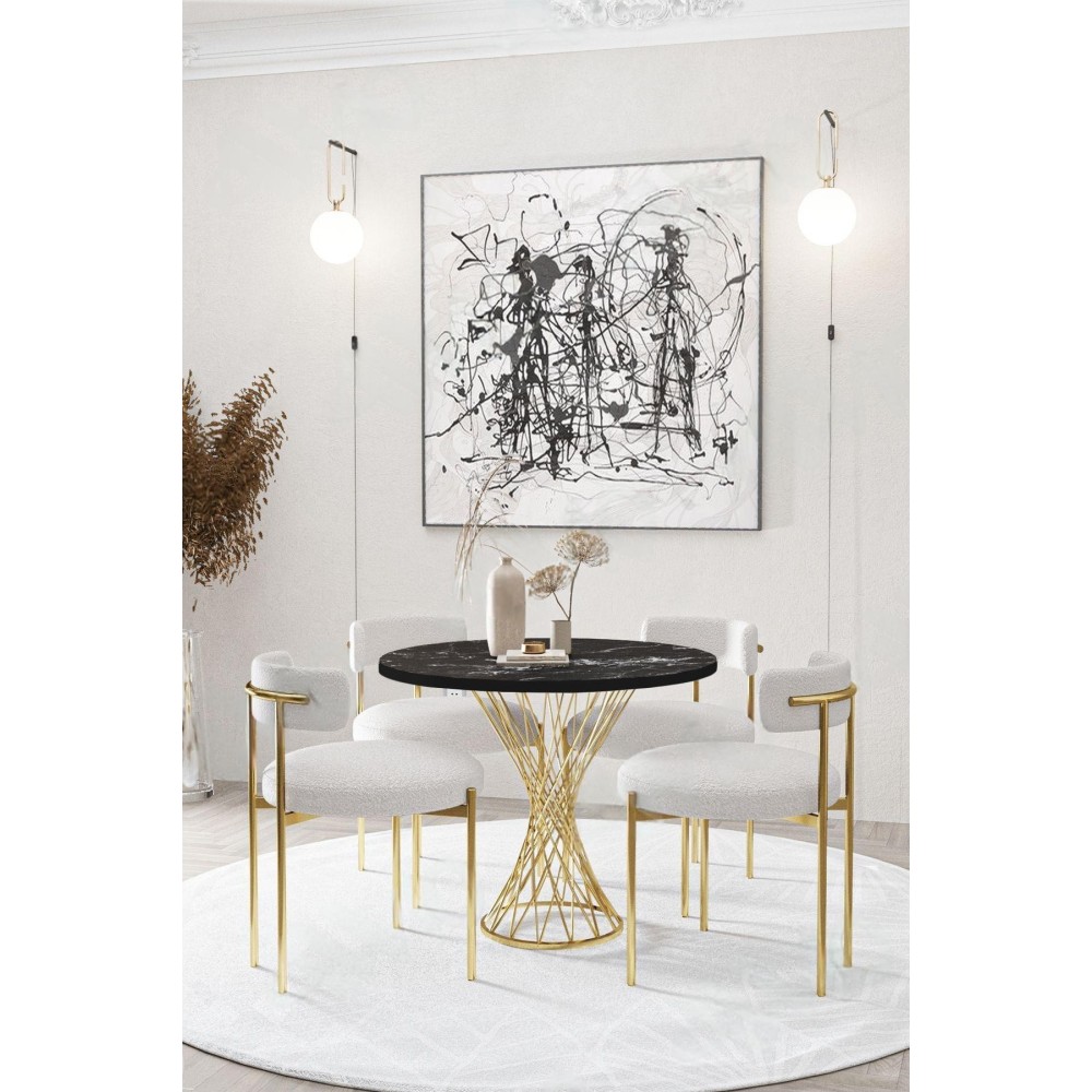 Stewehome Στρογγυλό τραπέζι με εντυπωσιακή χρυσή βάση και 4 λευκές καρέκλες- Μαύρο Μάρμαρο90×90×70cm