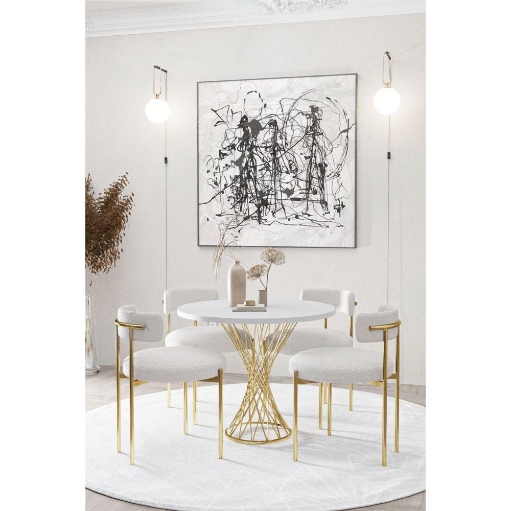 Stewehome Στρογγυλό τραπέζι με εντυπωσιακή χρυσή βάση και 4 λευκές καρέκλες- λευκό90×90×70cm