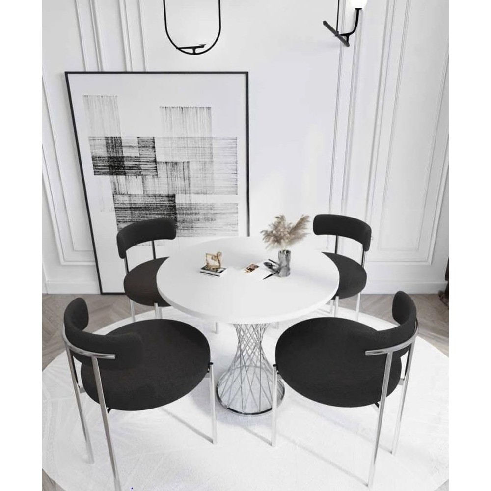 Stewehome Στρογγυλό τραπέζι με μεταλλική βάση σε ασημί απόχρωση, σετ 4 ατόμων- Λευκό / Μαύρο90×90×70cm