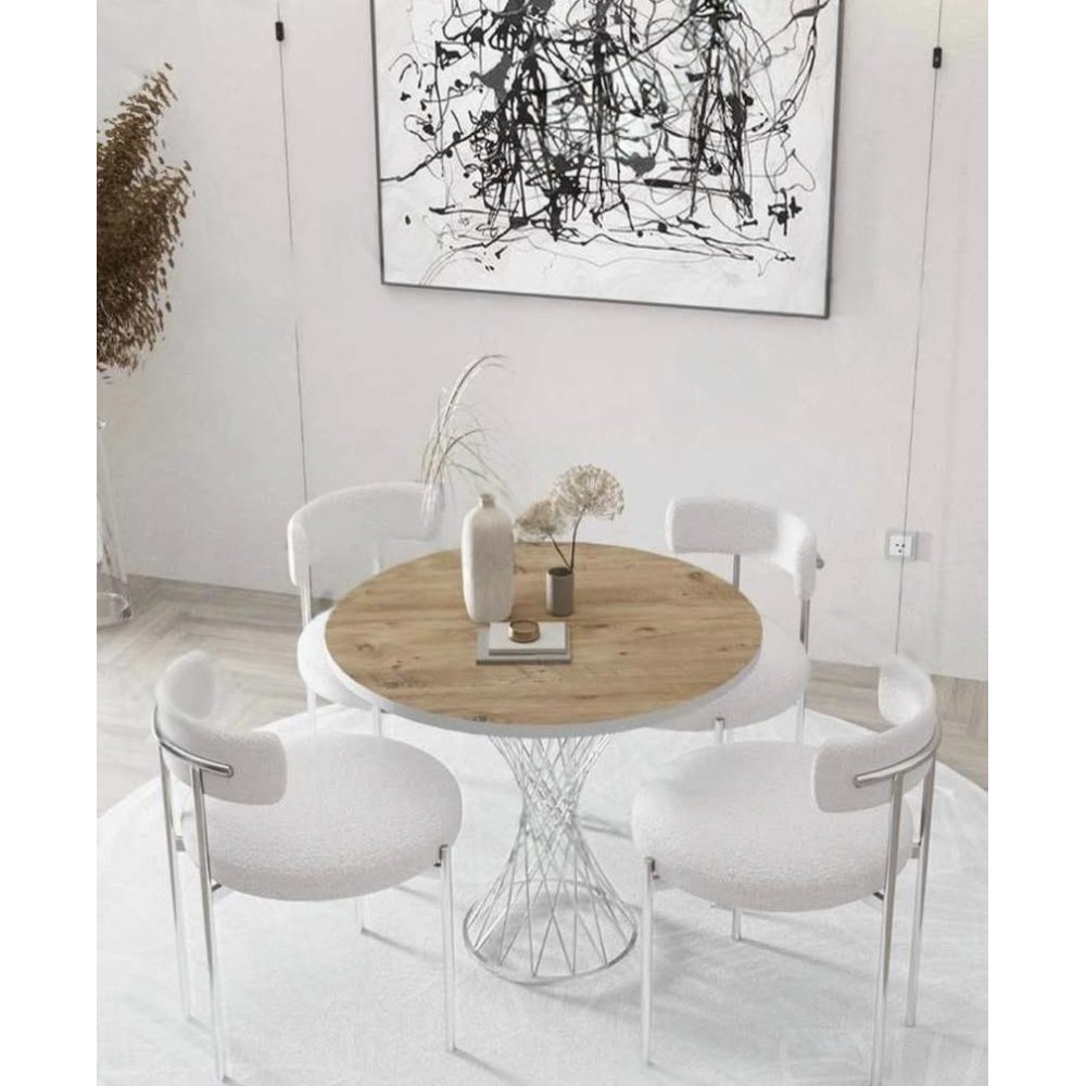 Stewehome Στρογγυλό τραπέζι με μεταλλική βάση σε ασημί απόχρωση, σετ 4 ατόμων- Λευκό / Δρυς90×90×70cm