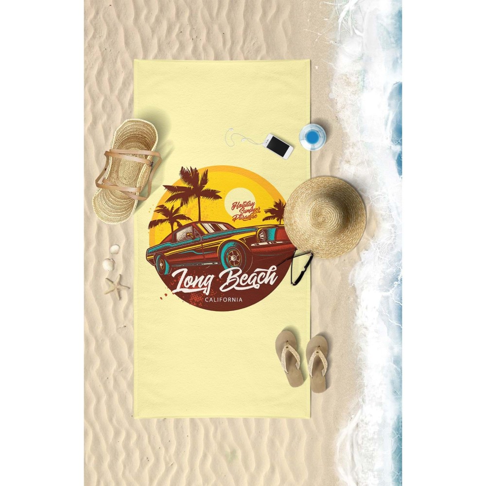 Stewehome Πετσέτα Παραλίας “Long Beach California” με Αυτοκίνητο &amp; Φοίνικες – Κίτρινη 75x150cm