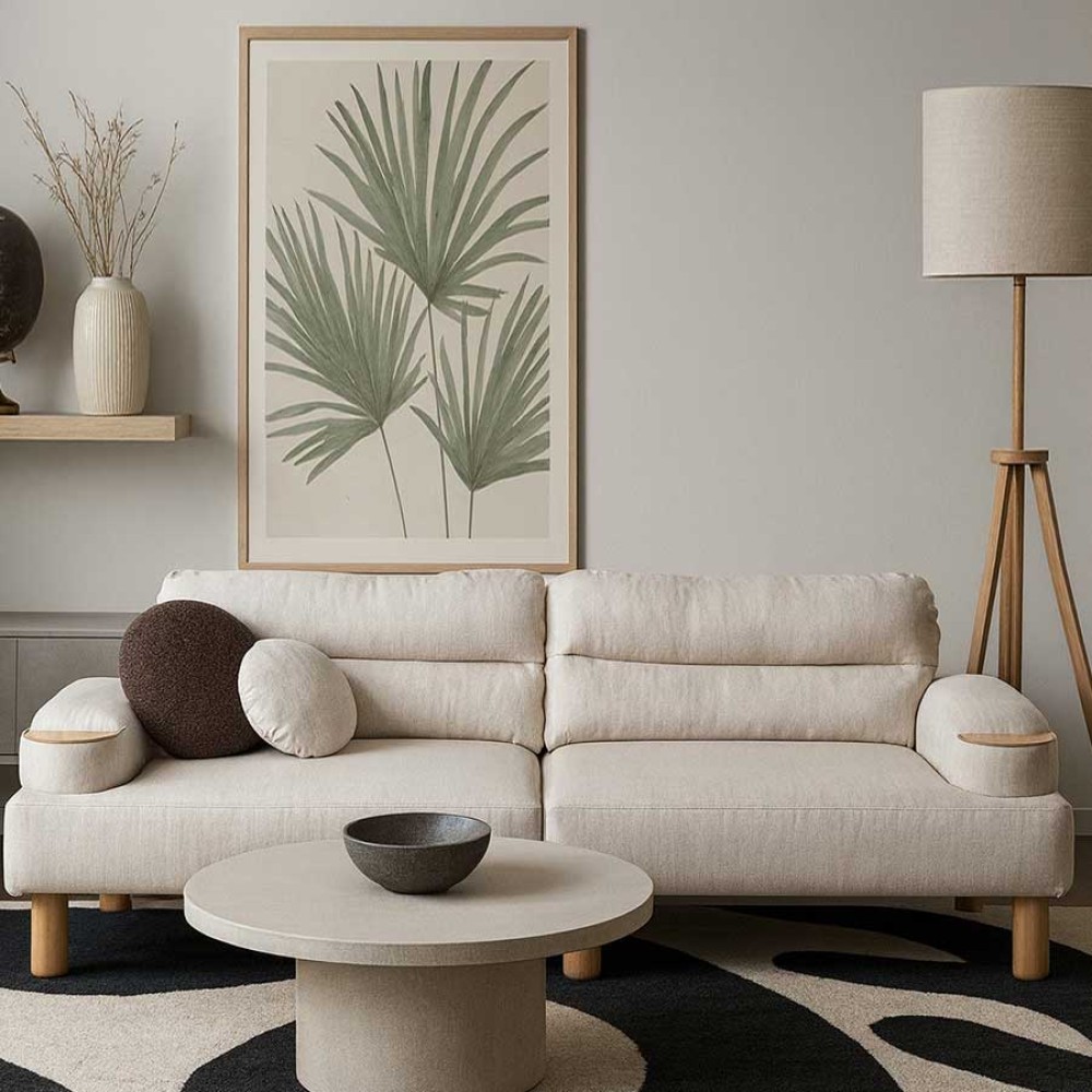 Bohem Μοντέρνος Καναπές Κρεμ – Καναπές Σαλονιού με Ξύλινα Πόδια 215x70x83cm