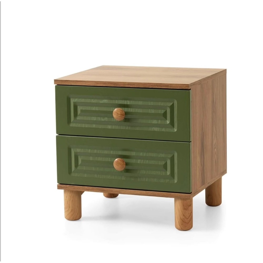 Ξύλινο Πράσινο Κομοδίνο με 2 Συρτάρια και Φυσικά Πόδια 50x40x50cm