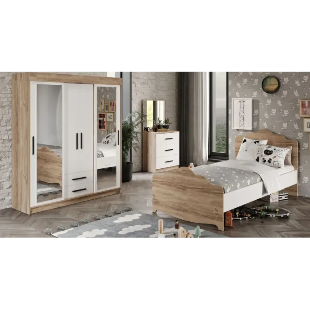 Stewehome Σετ Παιδικού Δωματίου MDF Δρύινο-Λευκό με Κρεβάτι Ντουλάπα &amp; Συρταριέρα 155x47x180 cm
