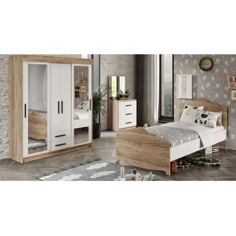 Stewehome Σετ Παιδικού Δωματίου MDF Δρύινο-Λευκό με Κρεβάτι Ντουλάπα &amp; Συρταριέρα 155x47x180 cm