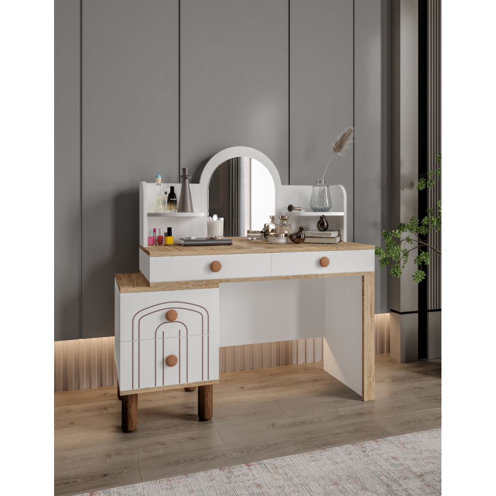 Stewehome Τουαλέτα Μακιγιάζ MDF Λευκή-Δρύινη με Καθρέφτη &amp; 4 Συρτάρια 105x44x130cm