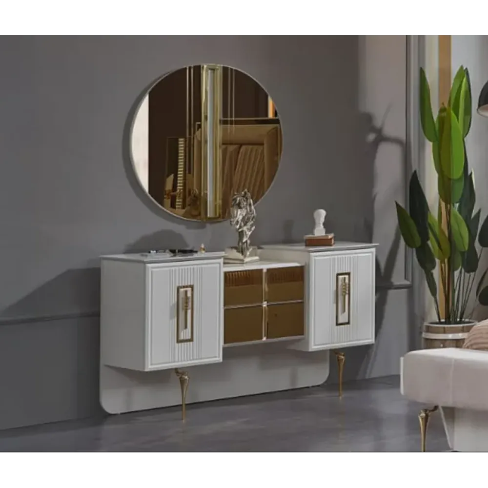 Stewehome Λουξ Λευκό Ντυτό Ντουλάπι Συρταριέρα με Καθρέφτη 134x42x47 cm