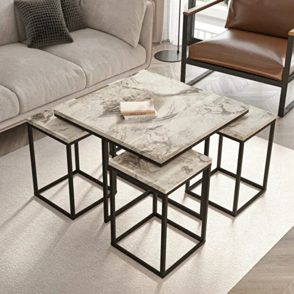 Stewehome Σετ Τετράγωνα Τραπεζάκια Σαλονιού με Ξύλινη ΕπιφάνειαΑΣΠΡΟ ΚΑΙ ΑΣΠΡΟ ΜΑΡΜΑΡΟ- 70x70x51.5cm
