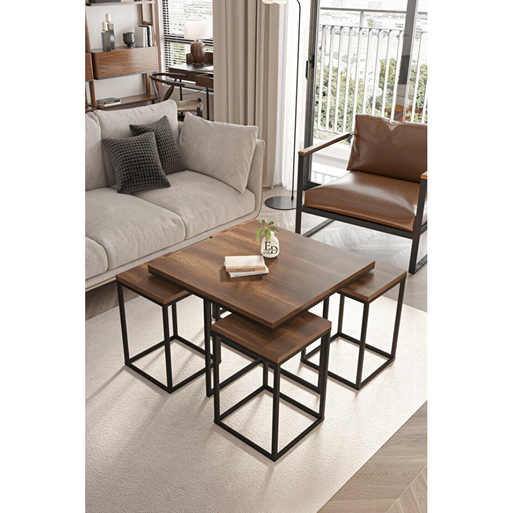 Stewehome Σετ Τετράγωνα Τραπεζάκια Σαλονιού με Ξύλινη Επιφάνεια Μαύρη καρυδιά-70x70x51.5cm