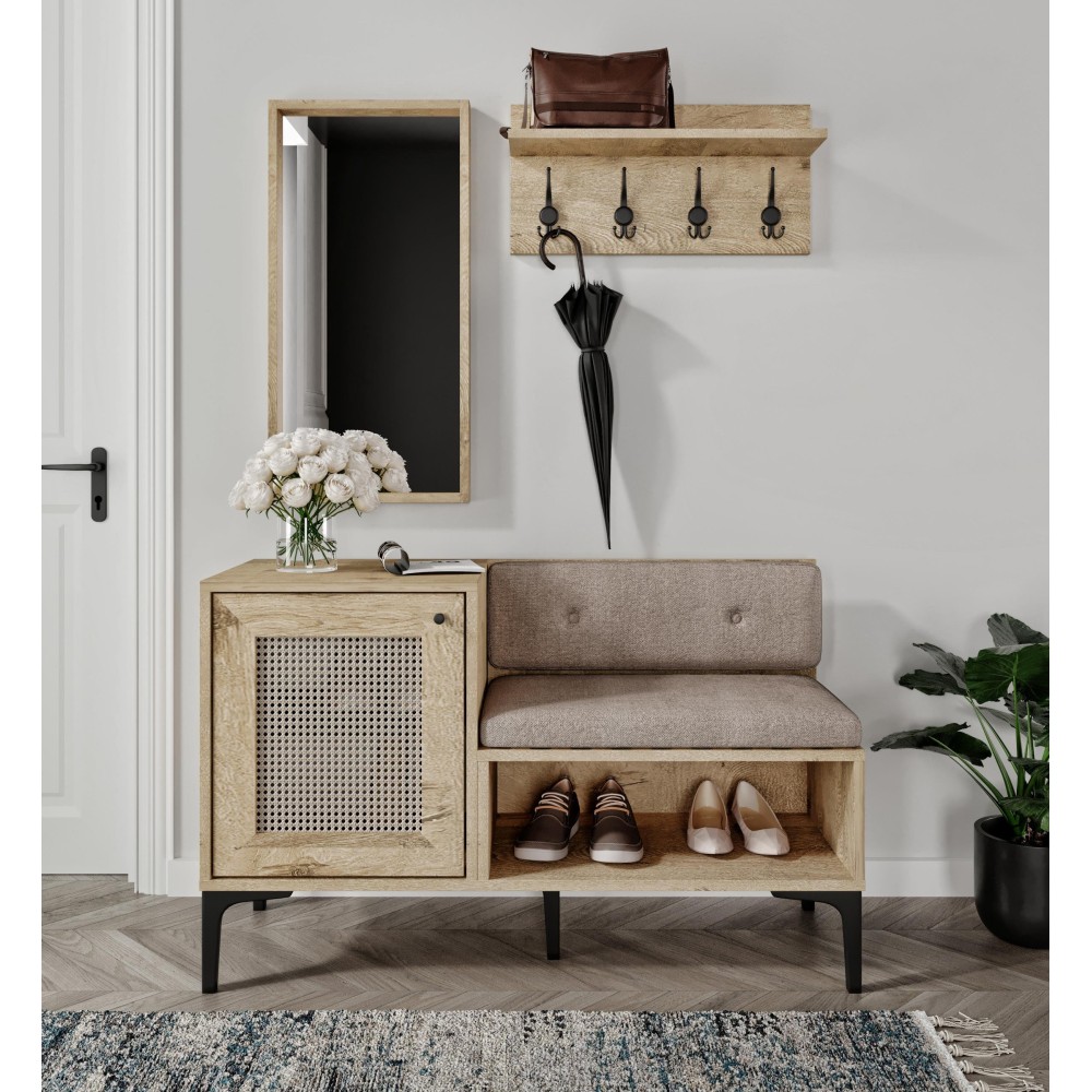 Σετ Καλόγουστου Προθάλαμου με Καθρέπτη &amp; Παπουτσοθήκη – Δρυς /Μπεζ 100x43x72cm