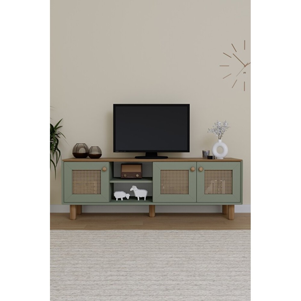 Stewehome Μοντέρνα Ξύλινη Πράσινο TV Έπιπλο με Ντουλάπια &amp; Ράφια – Πράσινο 160×40×56cm