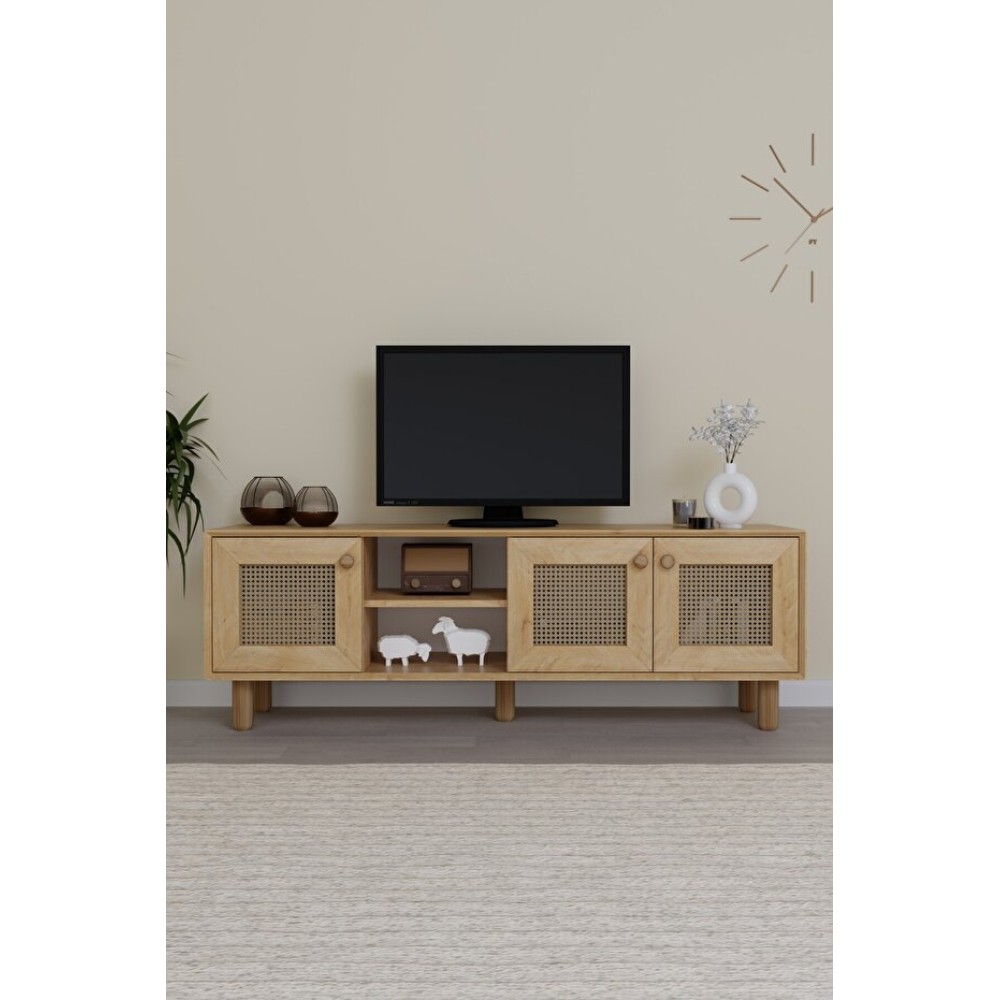 Stewehome Μοντέρνα Ξύλινη Πράσινο TV Έπιπλο με Ντουλάπια &amp; Ράφια – Δρυς 160×40×56cm