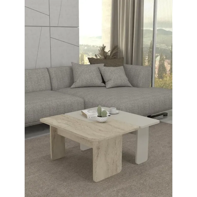 Stewehome Ασύμμετρα Τραπέζια Σαλονιού Μοντέρνα Μπεζ &amp; Φυσική Όψη 75x75x40 cm
