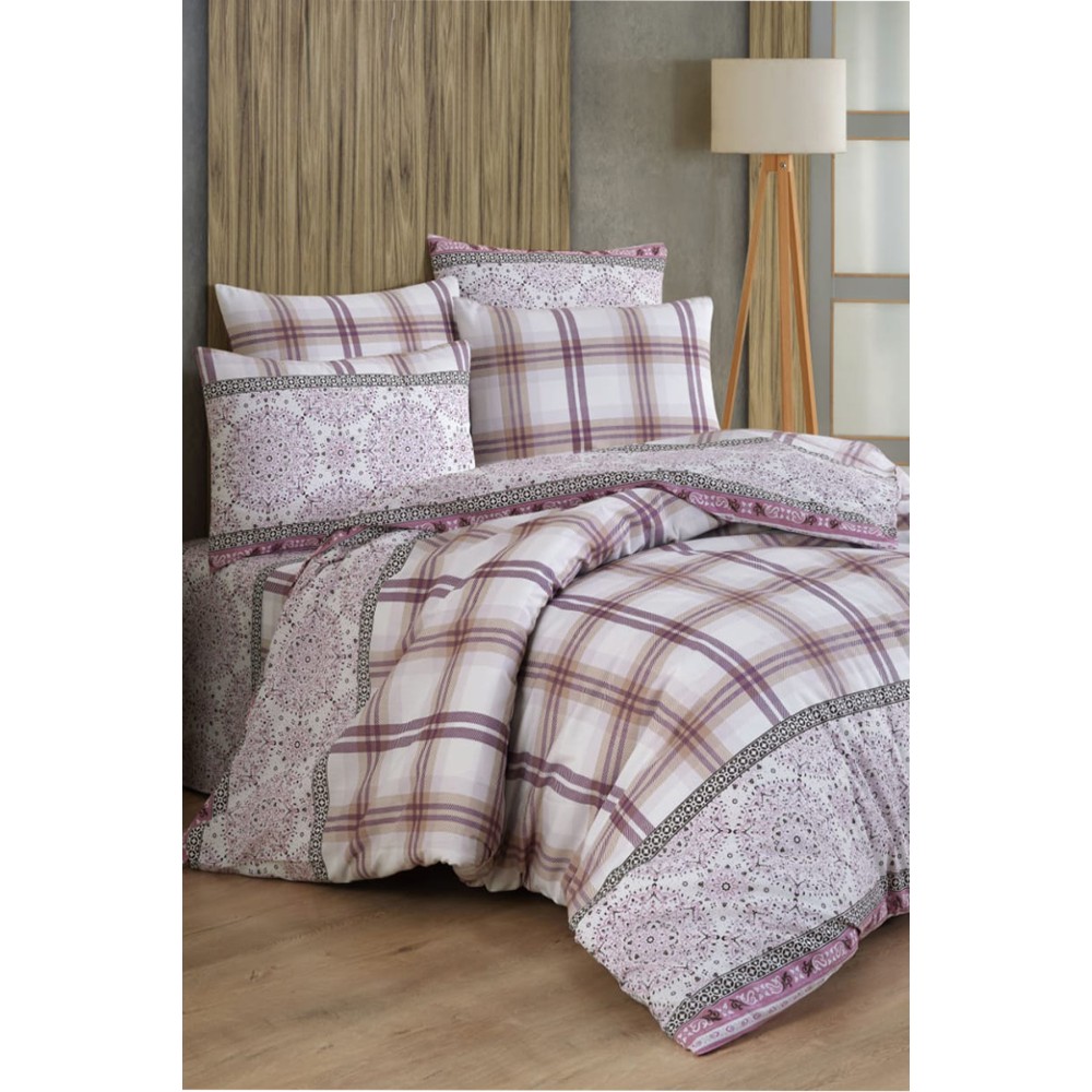 Σετ παπλωματοθήκης διπλό καρό 100% βαμβάκι ροζ μπεζ 195x200cm