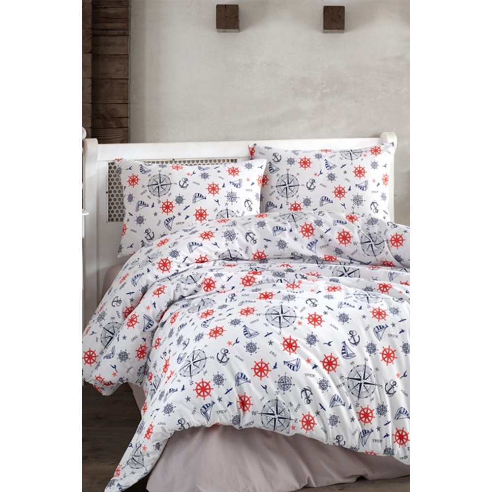 Σετ Μονής Παπλωματοθήκης Ναυτικό Μοτίβο Λευκό 160x220cm