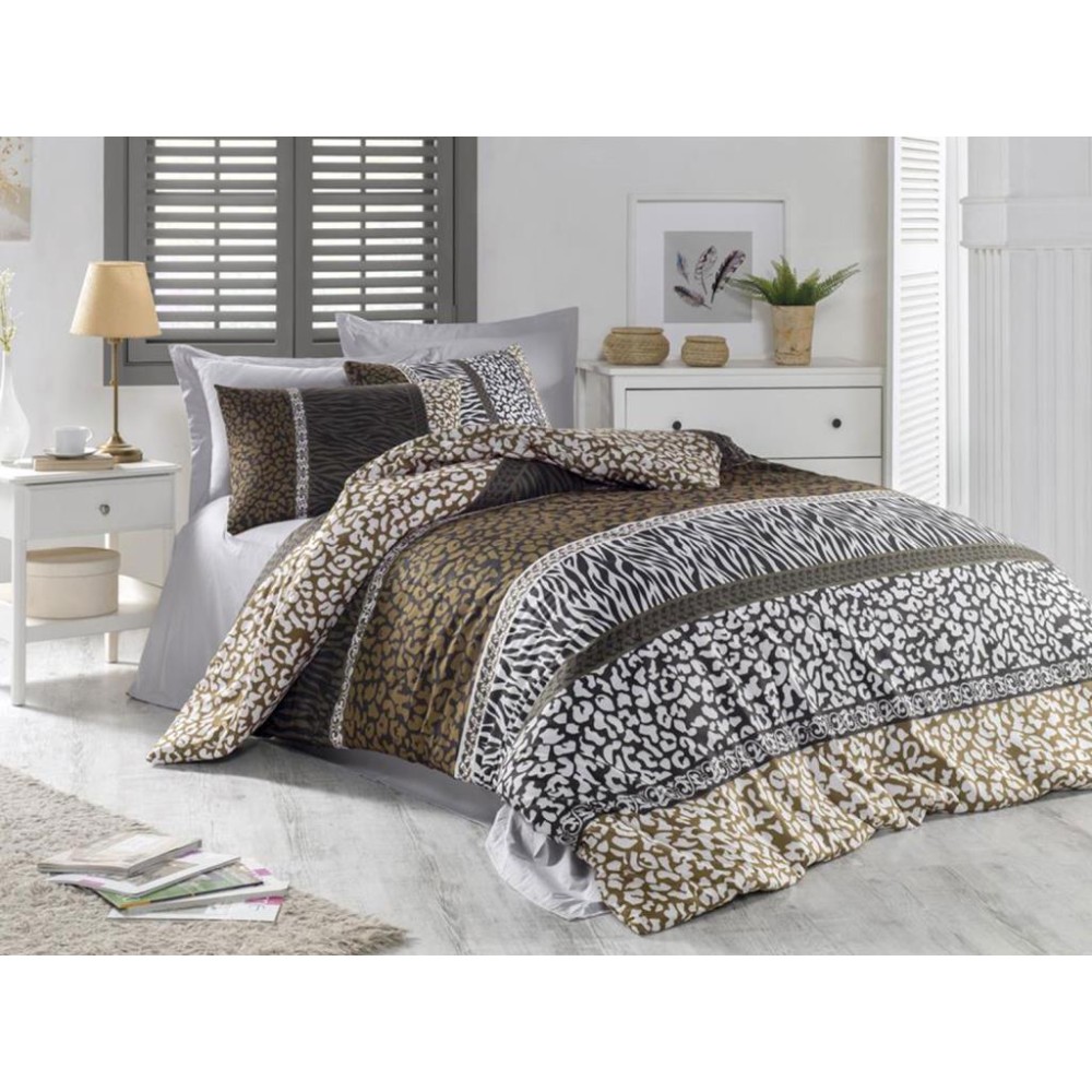 Μονό Σετ Παπλωματοθήκης Καφέ Με Μοτίβο Ζώων 160x220cm