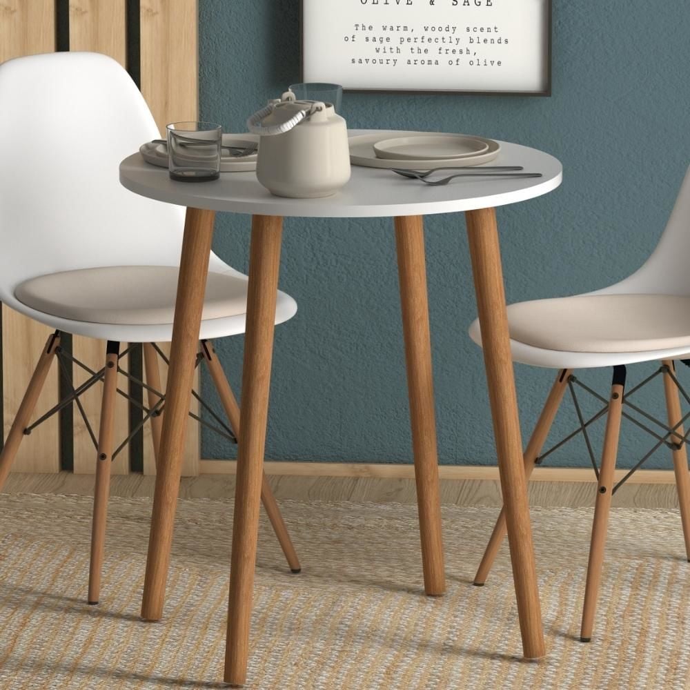 Stewehome Στρογγυλό Τραπέζι Κουζίνας Λευκό με Ξύλινα Πόδια -70×70×73 cm