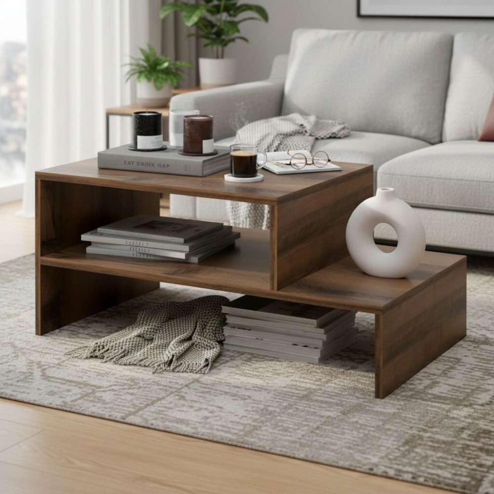 Stewehome Μοντέρνο Τραπεζάκι Σαλονιού με Αποθηκευτικό Ράφι σε Φινίρισμα Καρυδιάς- 90x50x40cm