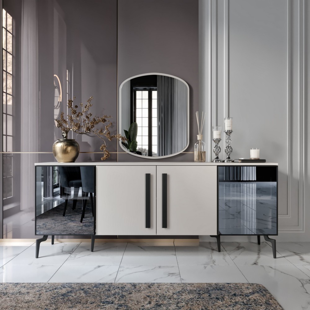 Stewehome Κονσόλα MDF με Πλευρικές Καθρέπτες &amp; Εσωτερικά Ράφια- λευκό ματ200x45x82cm