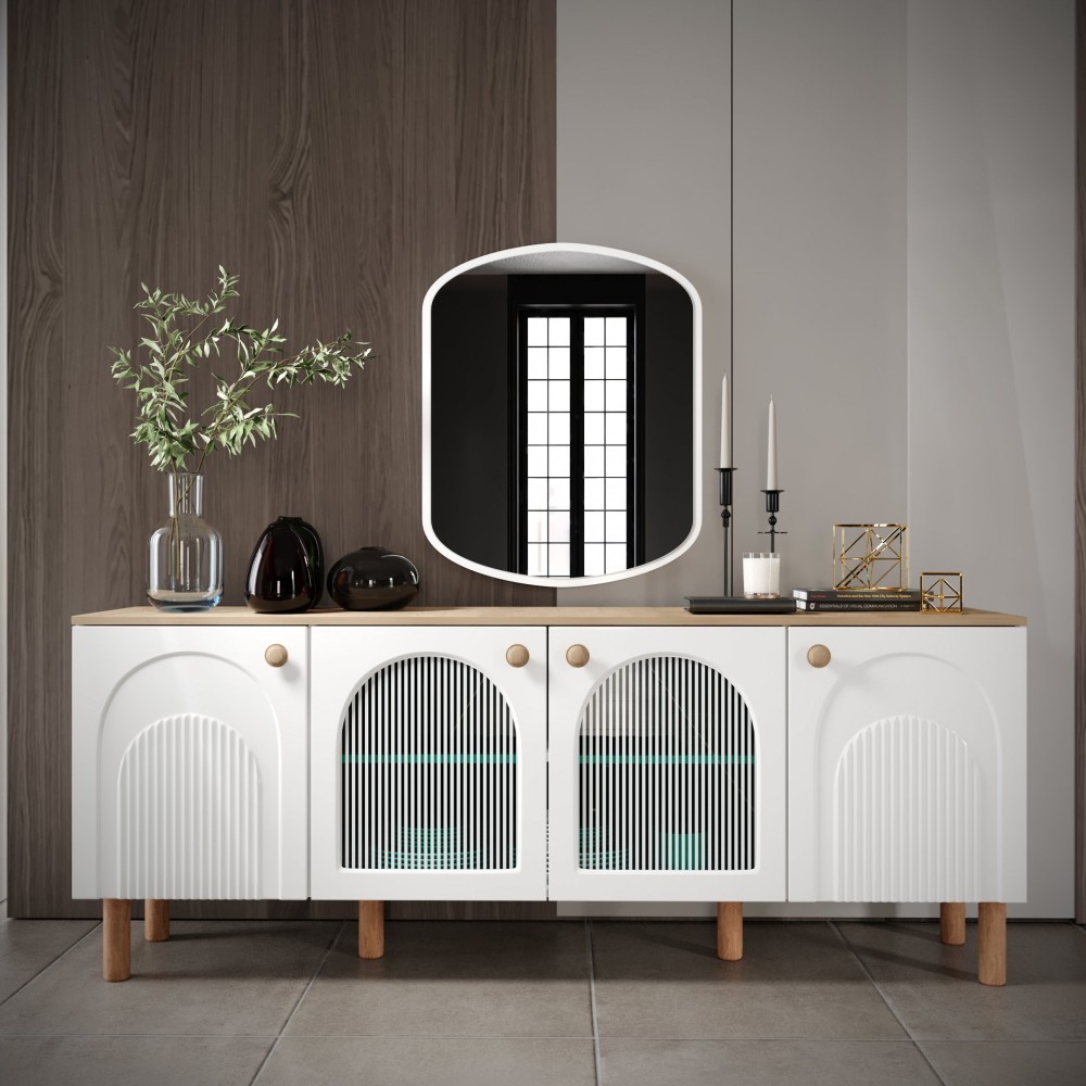 Stewehome Σετ Κονσόλα και Καθρέπτης MDF Λευκός με Δρυς και Σχεδιασμένες Πόρτες 180x45x82cm