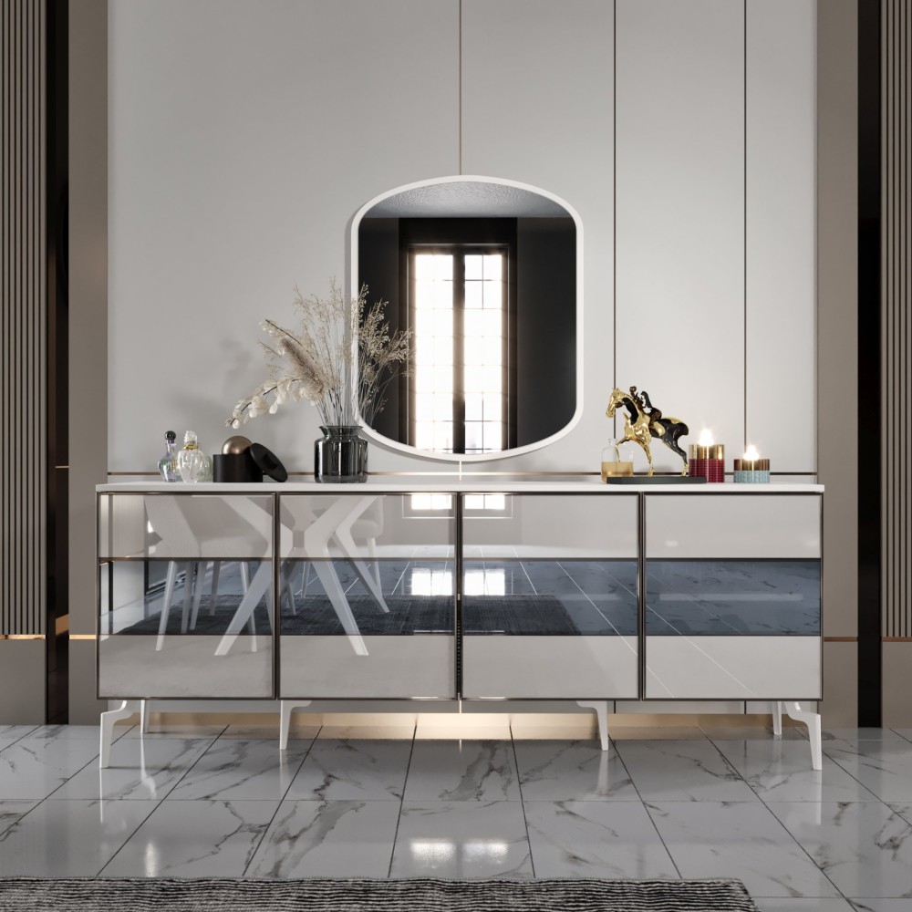 Stewehome Κονσόλα MDF Μοντέρνου Σχεδιασμού με Καθρέπτη και Γυάλινο Μοτίβο Χρώμα σεληνόλιθου 180x45x82cm