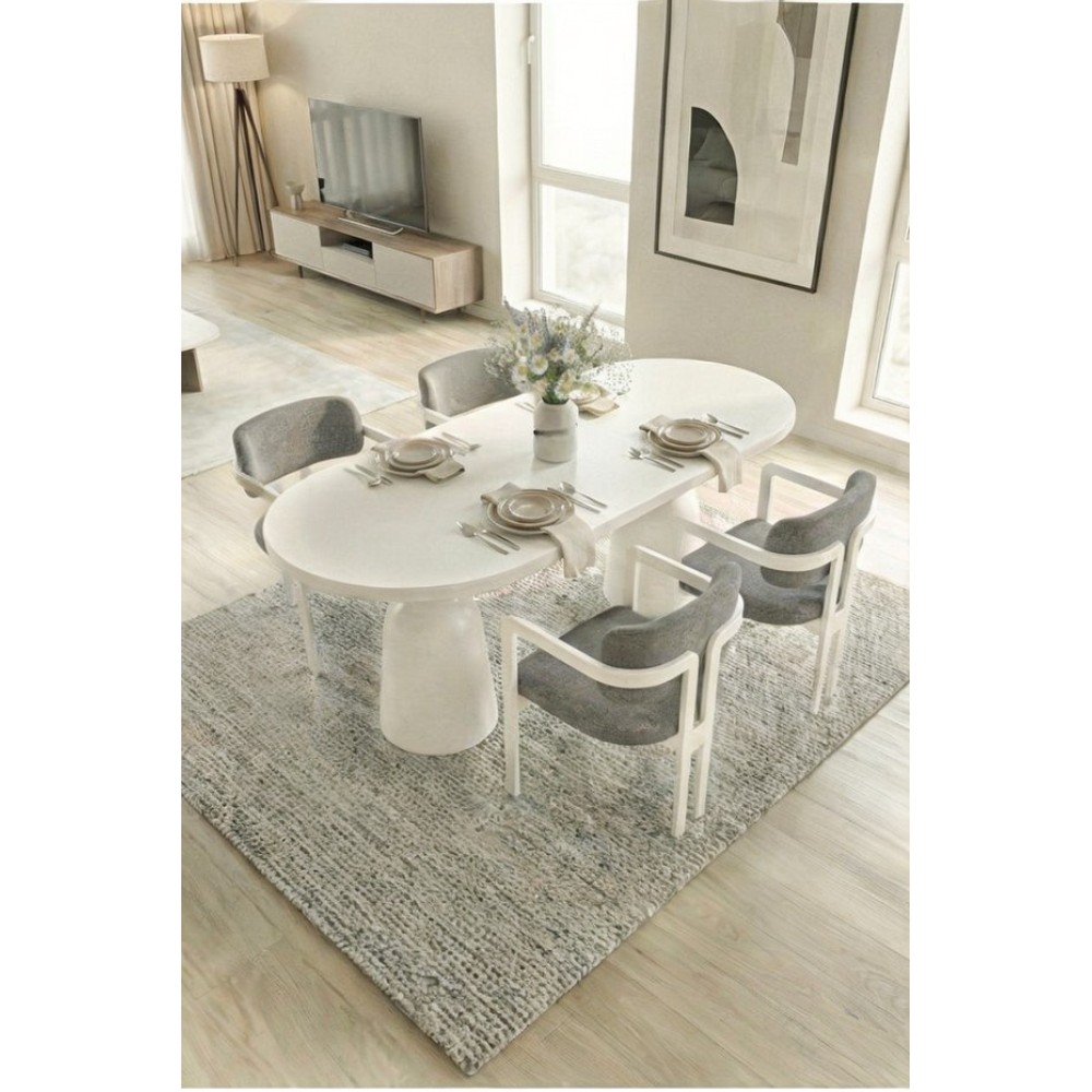 Stewehome Σετ τραπεζαρίας Boho 4 ατόμων με λευκό τραπέζι και βάση τύπου γλάστρας- γκρι80×140 cm