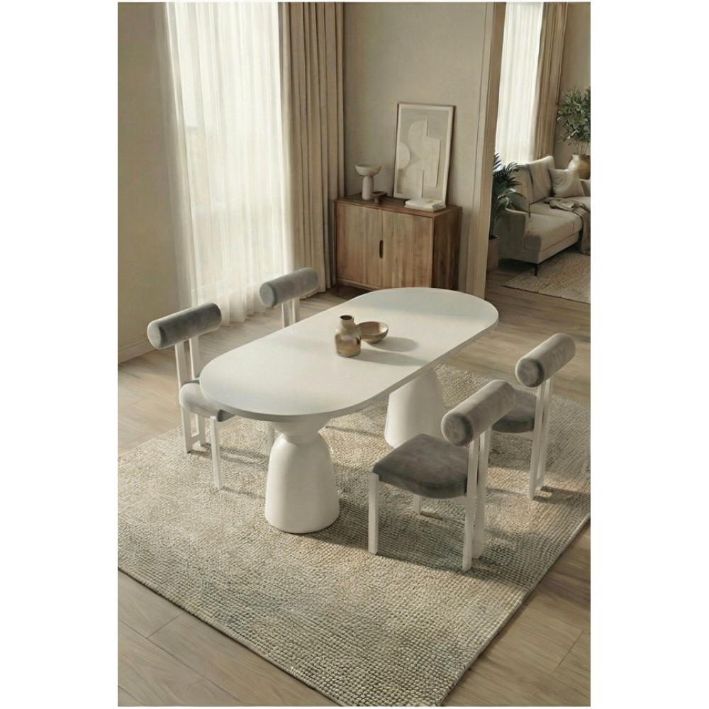 Stewehome Σετ τραπεζαρίας Boho 4 ατόμων με λευκό τραπέζι και γλυπτική μεταλλική βάση - γκρι140×80 cm