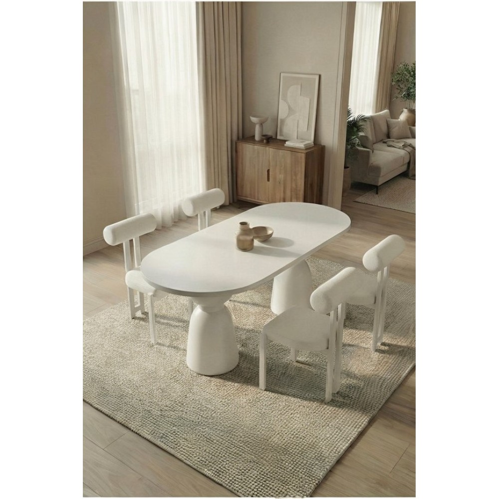 Stewehome Σετ τραπεζαρίας Boho 4 ατόμων με λευκό τραπέζι και γλυπτική μεταλλική βάση -λευκό140×80 cm