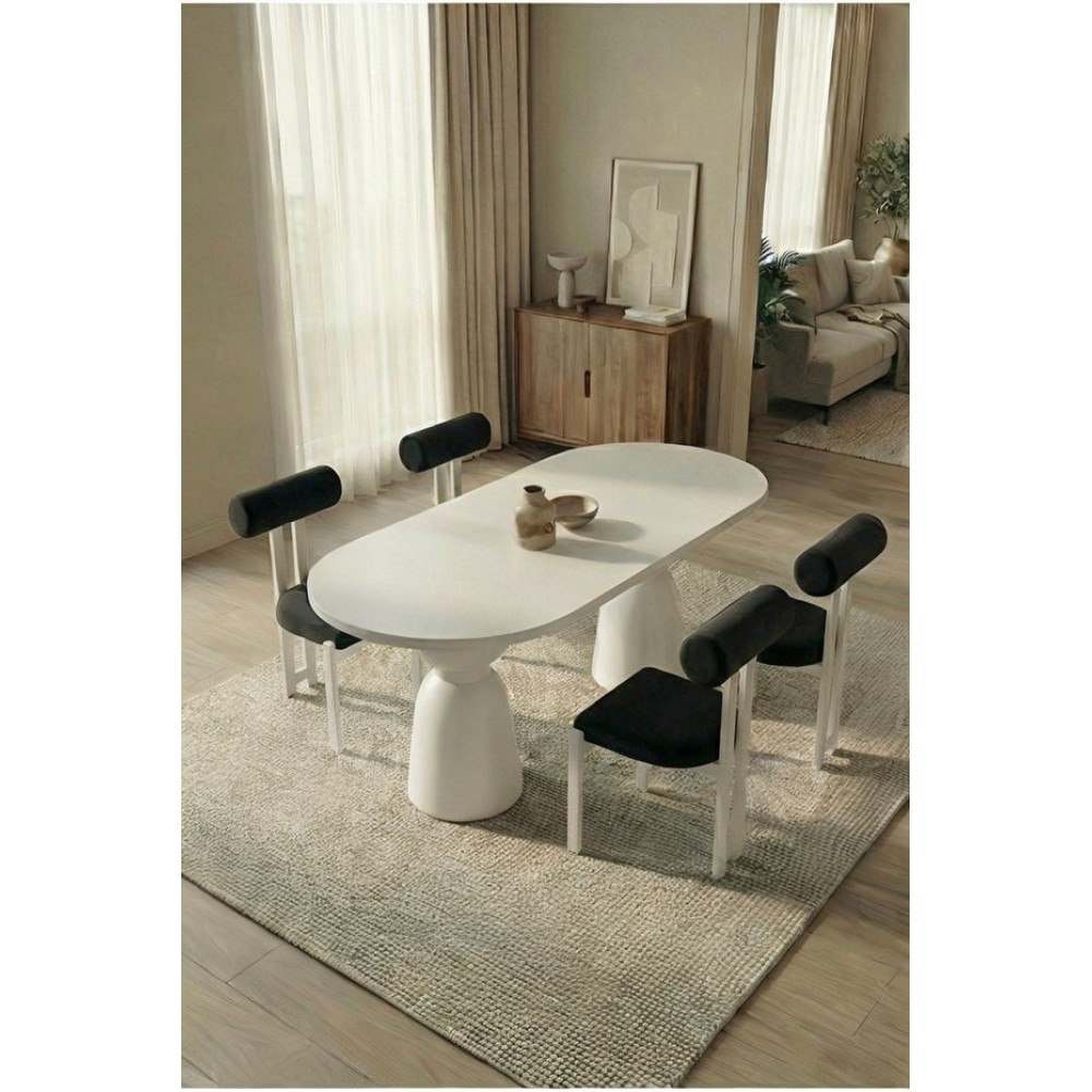 Stewehome Σετ τραπεζαρίας Boho 4 ατόμων με λευκό τραπέζι και γλυπτική μεταλλική βάση - μαύρο140×80 cm