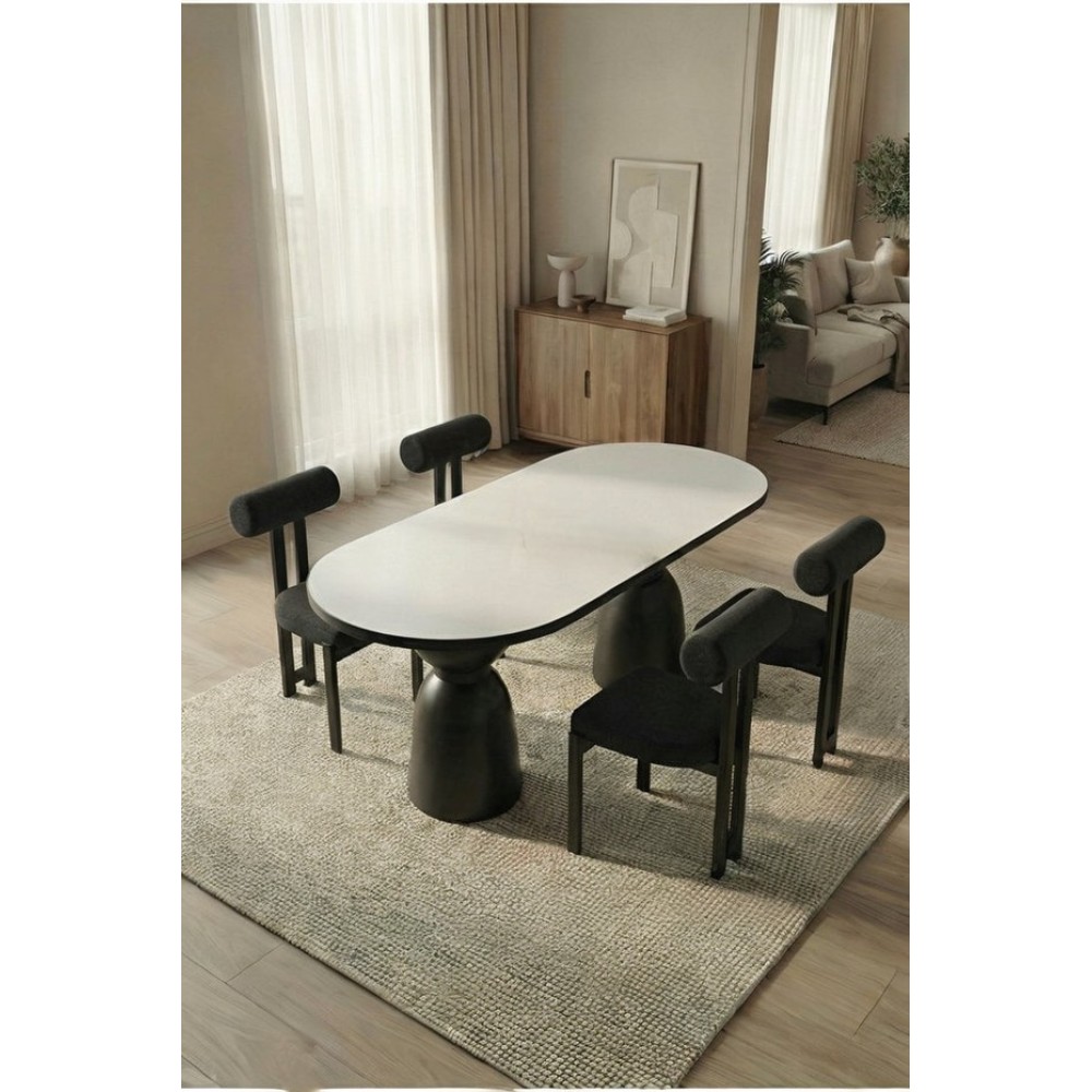 Stewehome Σετ τραπεζαρίας 4 ατόμων με λευκό τραπέζι και μαύρα μεταλλικά πόδια - μαύρο140×80 cm